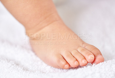 Buy stock photo Shot of a little baby's foot