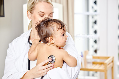 Buy stock photo Doctor, baby and listen to lungs in hospital for newborn healthcare, medical appointment and stethoscope on body. Young child, pediatrician and patient exam at clinic for croup, growth and breathing