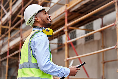 Buy stock photo Architecture, inspection and checklist with black man on construction site for engineering, planning and building. Designer, safety and project management with contractor in city for infrastructure