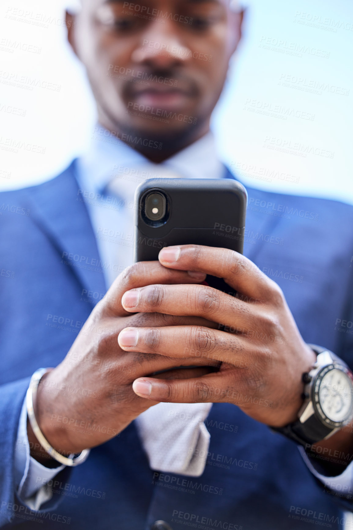 Buy stock photo Black businessman, smartphone and online for email, virtual calendar and social media marketing. Corporate consultant, phone and recording for video education, training or remote course as hustle