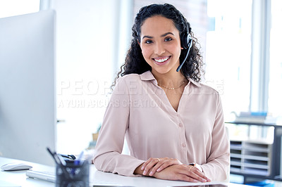 Buy stock photo Customer service, portrait and woman in call center office for consultation, support or abortion helpline. Communication, telecom and friendly agent with headset for conversation, help or information