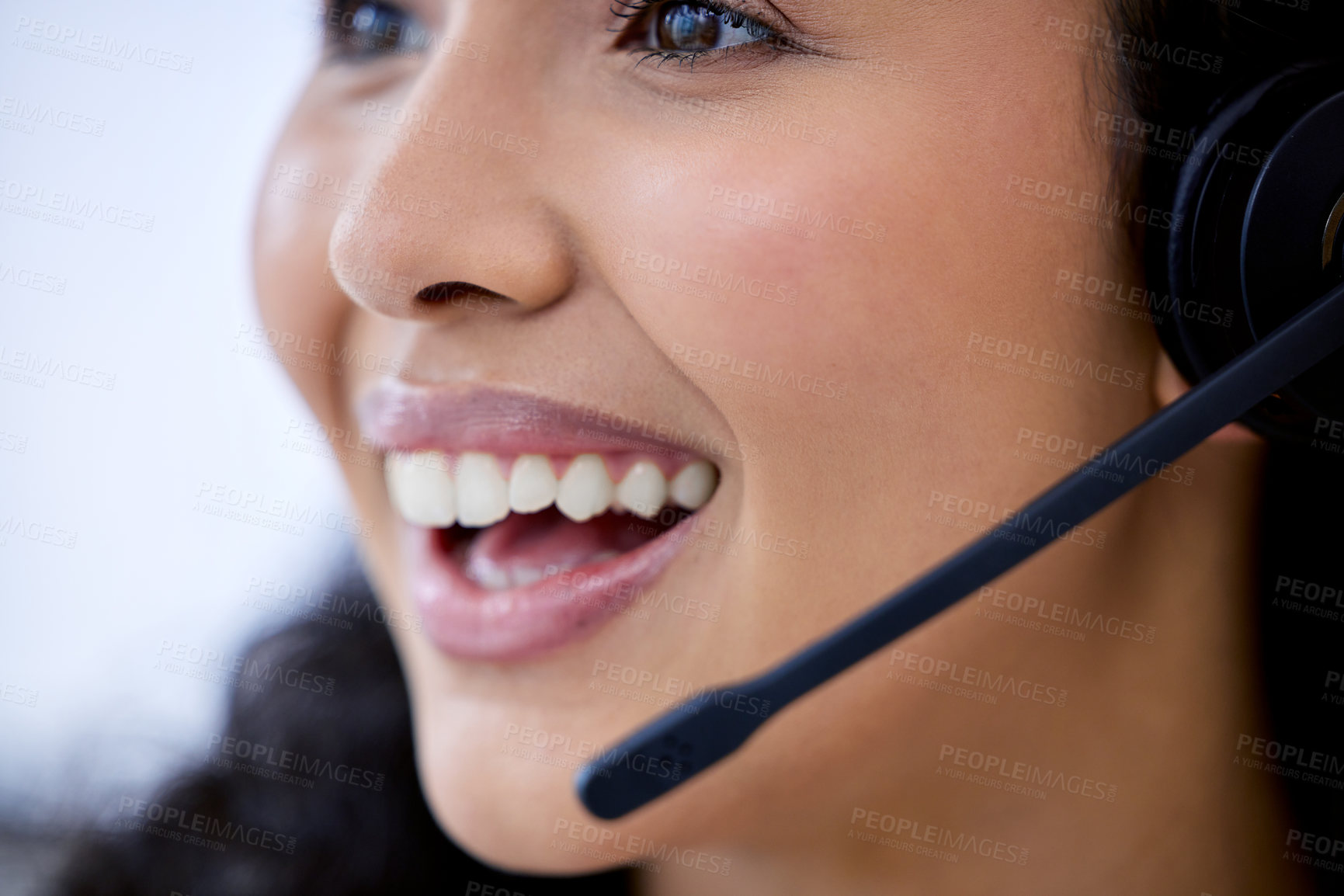 Buy stock photo Call center, thinking and woman with microphone in office for customer service, communication and support. Agent, female person with mouth open or tech for consulting, telemarketing or help clients