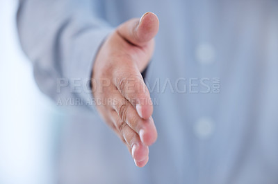 Buy stock photo Closeup, handshake offer and welcome to office for meeting, success or agent intro. Shaking hands, deal and business person with contract, agreement or b2b partnership for collaboration opportunity