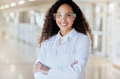Buy stock photo Science, laboratory and proud portrait of happy woman with goggles for safety in research study, development and biochemistry. Smile, chemistry job and professional female scientist with arms crossed