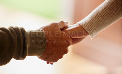 Buy stock photo Couple, support and holding hands with love and trust in marriage on holiday or vacation in home. Calm, care and people closeup together with empathy, gratitude and touching partner with respect