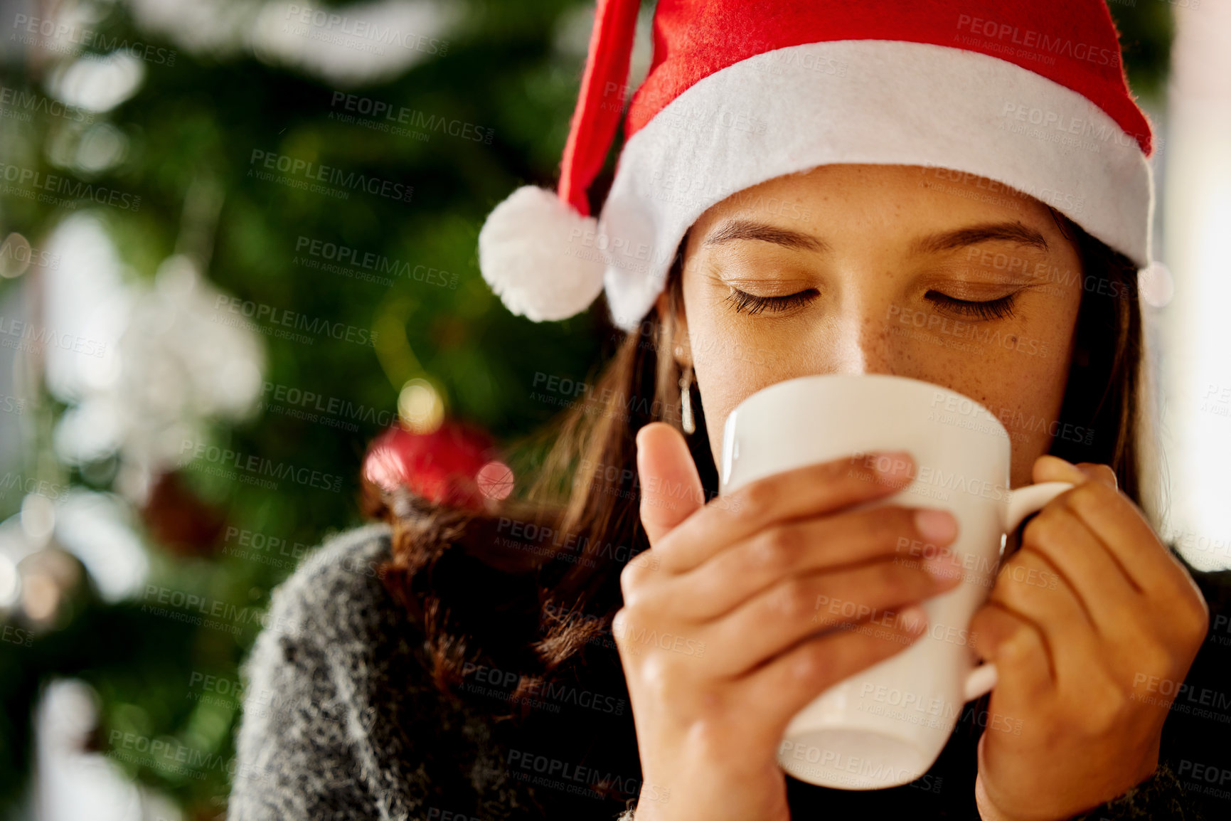 Buy stock photo Woman, house and coffee with happy on Christmas morning in holiday with relax with mug for tradition. Warm, celebrate and December with break for fun with chill, calm and refresh for end of year