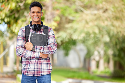 Buy stock photo Happy, ready and portrait of a man on campus for education, learning and knowledge with mockup space. Smile, university and a young male student with books in a college park to start studying