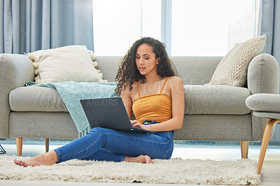 Buy stock photo Laptop, floor and woman in home online for remote work, online shopping and browse internet. Weekend, apartment and person on computer for social networking, website and    research in living room