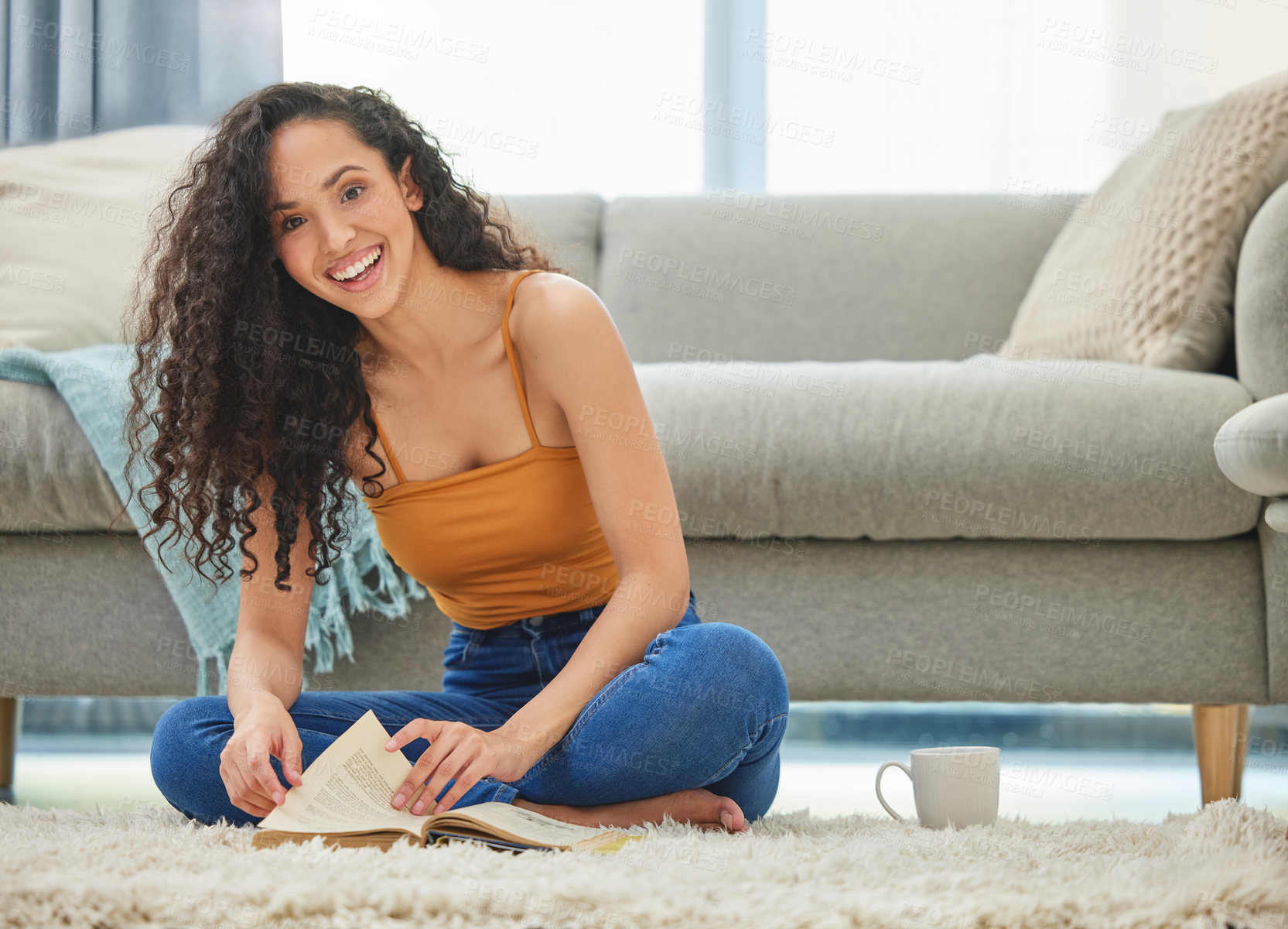 Buy stock photo Relax, reading and portrait of woman in home with books for learning, knowledge and education. Weekend, happy and person with novel, story and literature for hobby, rest and on floor in living room