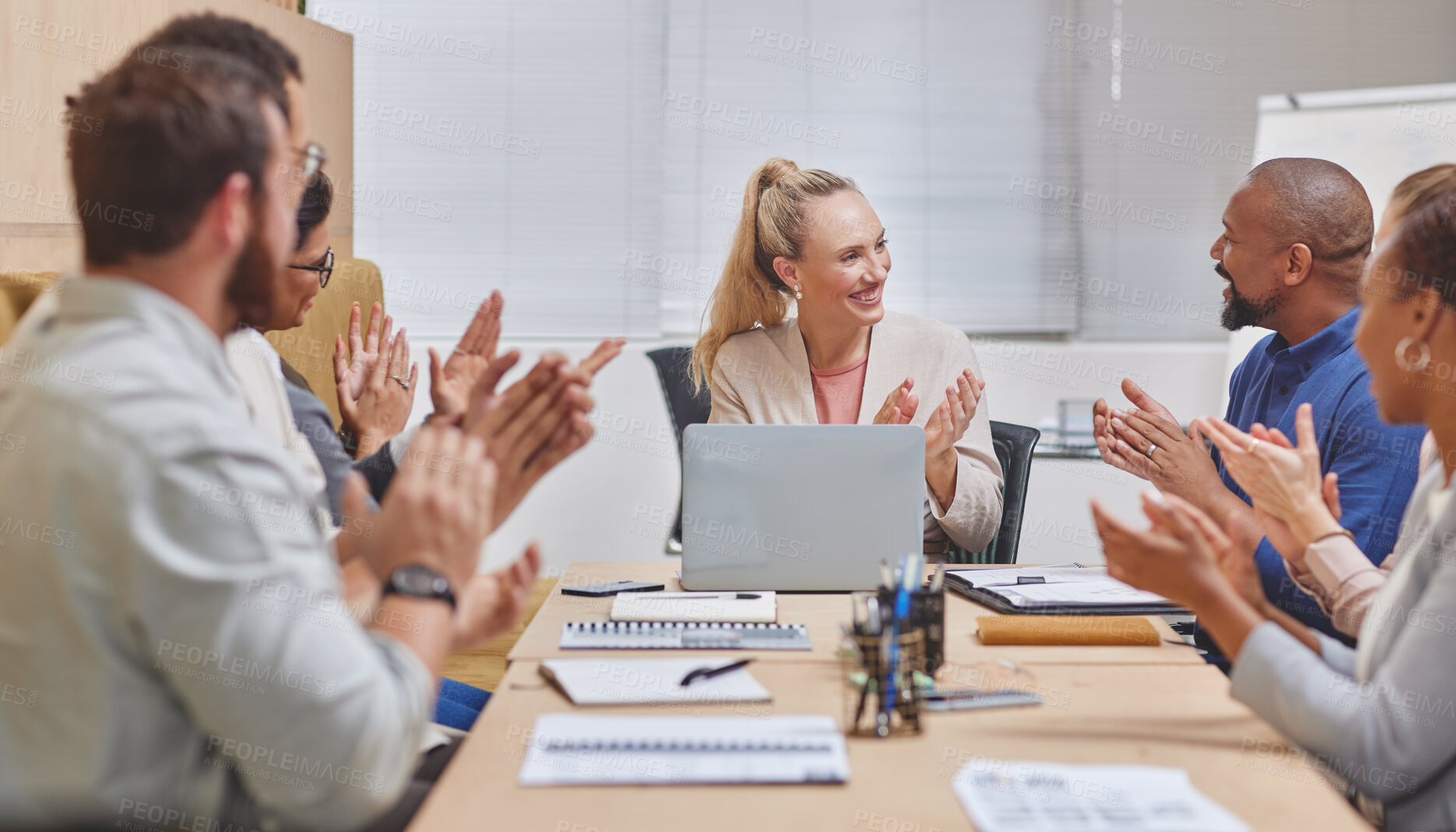 Buy stock photo Happy, business people and laptop with applause in meeting for congratulations or teamwork at office. Young group of employees clapping with smile for promotion, celebration or thank you at workplace