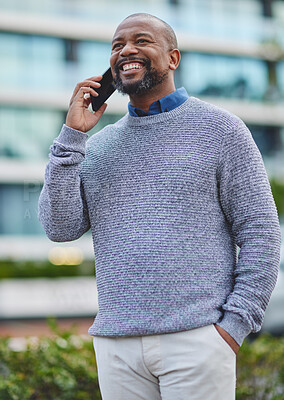 Buy stock photo City, business and black man with phone call on commute in morning with networking chat to client. Consulting, investor and conversation on street with smartphone to contact trader with opportunity