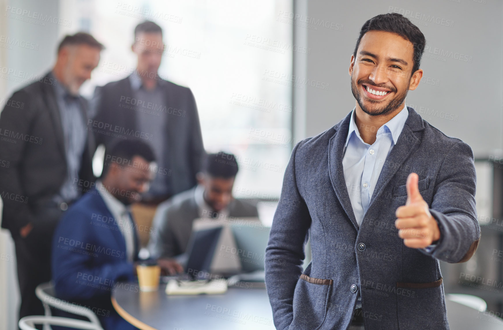 Buy stock photo Thumbs up, portrait and asian business man in office with winning, yes and thank you sign in meeting. Hands, vote and face of asian team manager with emoji for success, positive feedback or review