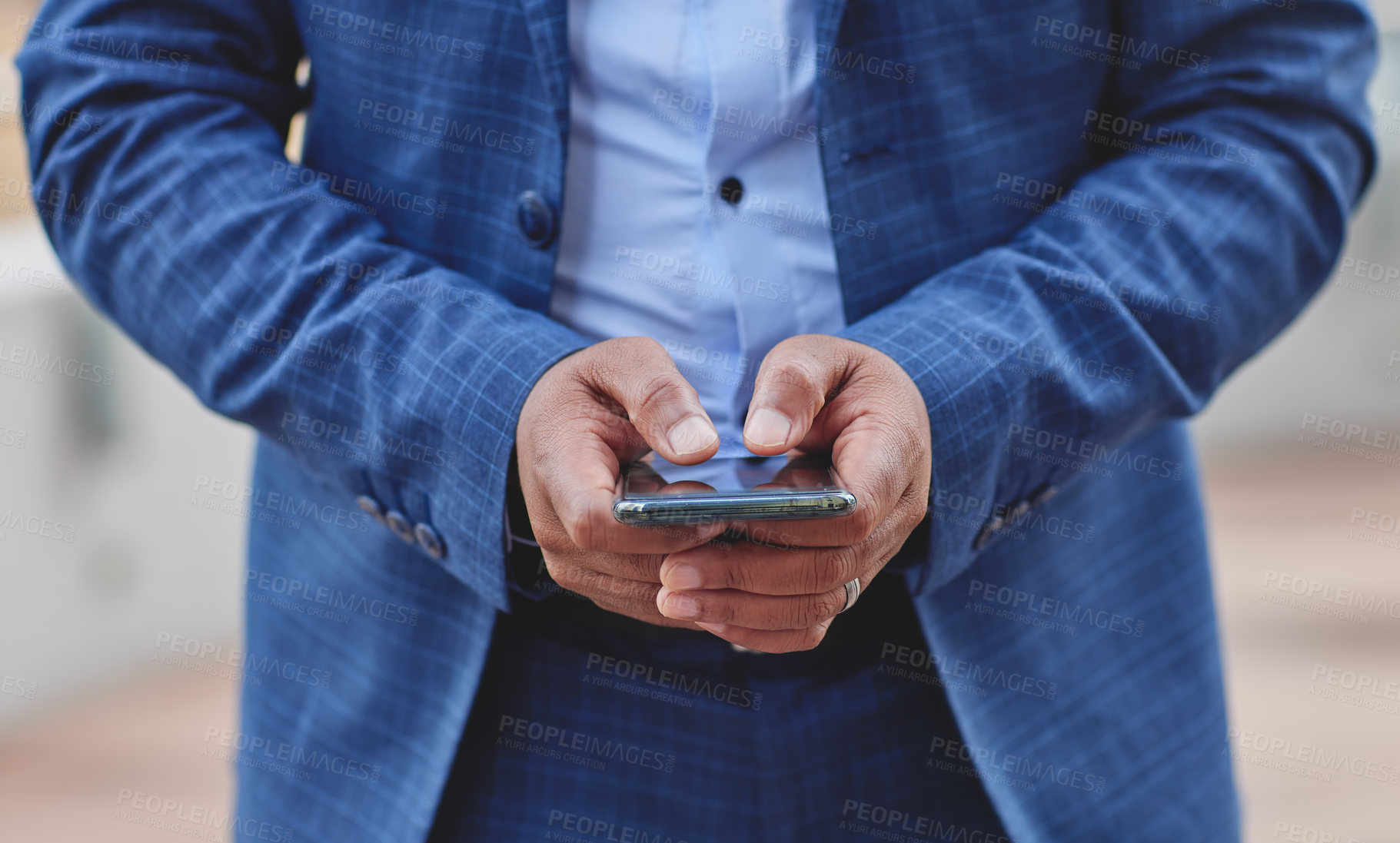 Buy stock photo Businessman, hands and typing with phone in city for communication, social media or texting. Closeup of man or employee on mobile smartphone for online chatting, app or browsing news in an urban town