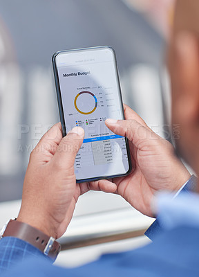 Buy stock photo Phone screen, data and chart with hands of man for research, finance and budget. Digital, technology and planning with closeup of male employee and mobile for analytics, fintech report and savings