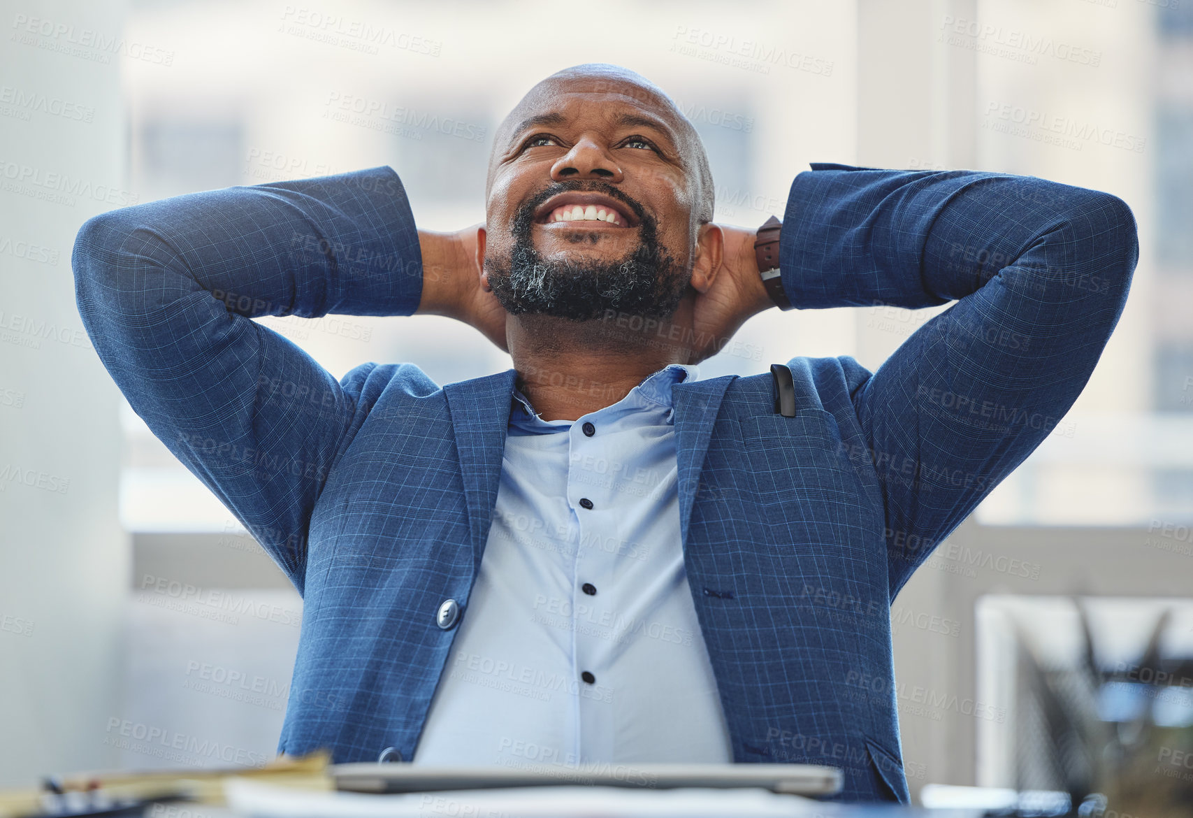 Buy stock photo Relax, business and happy black man in office for resting after working, project deadline and productivity. Corporate lawyer, company and person at desk for peace, freedom and calm in workplace
