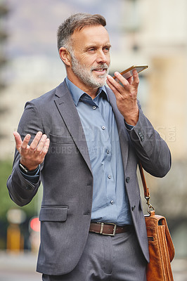Buy stock photo Voice note, city and business man with phone for morning commute, travel and journey to work. Professional, corporate and person on smartphone for talking, chatting and record on call in urban town
