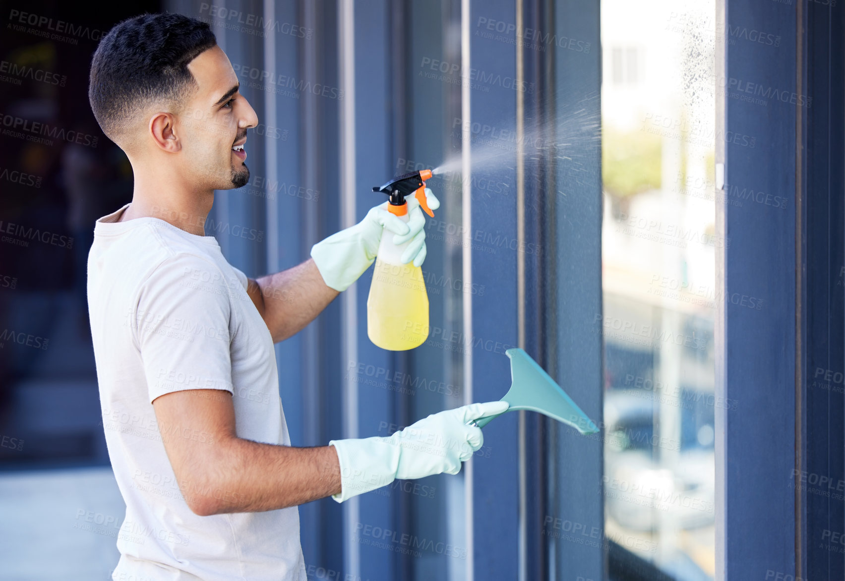 Buy stock photo Man, window and spray for washing house, housework and cleaning for shine or housekeeper outdoors. Male person, profile and chemical liquid or detergent for hygiene, disinfect and tidy for sanitary