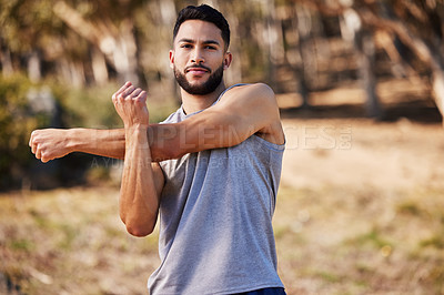 Buy stock photo Fitness, sport and man stretching, warm up for wellness, performance of strong body in training. Male athlete, runner and health for muscle flexibility, exercise and workout outdoors in nature