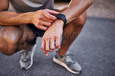 Buy stock photo Smart watch, hands and runner on road to check health app, heart rate and exercise progress for wellness. Sport, clock and person on digital tech for pulse, fitness or monitor workout time outdoor