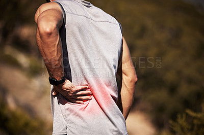 Buy stock photo Man, runner and back pain in nature, injury and hurt outdoors on exercise or workout and accident. Male person, inflammation and fibromyalgia or sciatica issue, spine and strain while hiking or walk