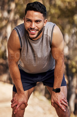 Buy stock photo Runner, man and break with smile for fitness in outdoors for wellness with training or exercise in summer. Cardio, workout routine and high intensity interval in sportswear with athlete for health.