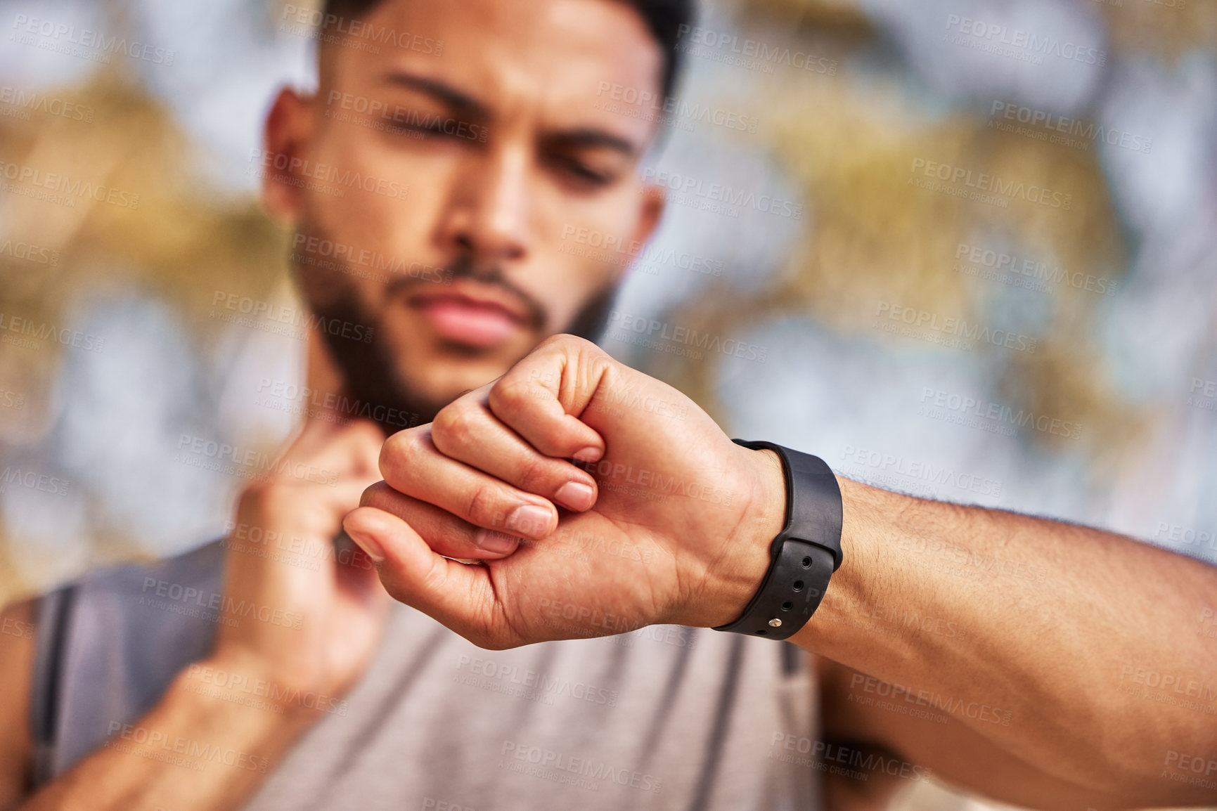 Buy stock photo Hand, pulse and man with smart watch outdoor to track heart rate for cardio, exercise and training for race. Male athlete, wristwatch or stopwatch to monitor performance or endurance and wellness.