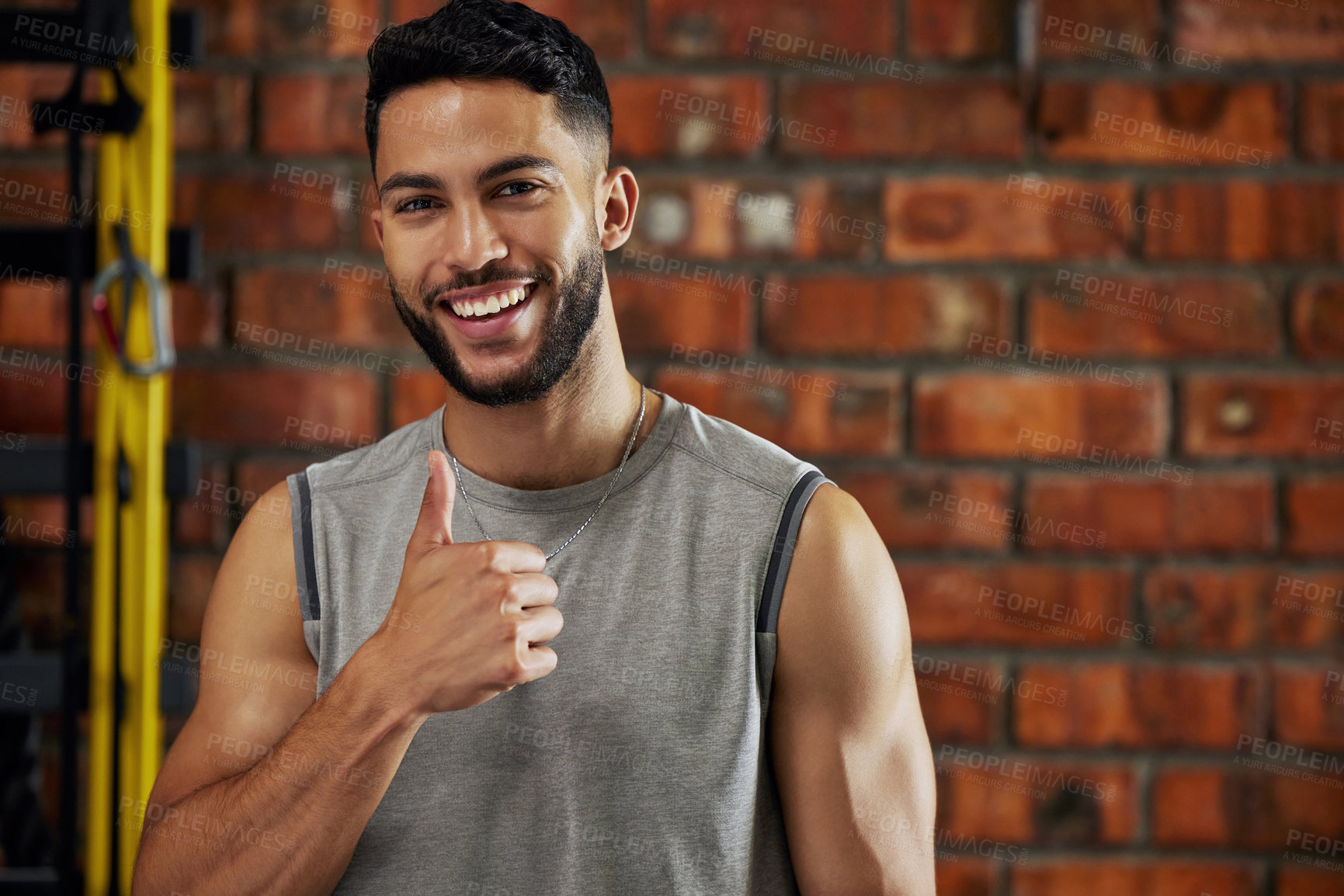 Buy stock photo Fitness, thumbs up and portrait of man in gym, motivation and confident smile with agreement emoji. Happiness, workout and happy face of bodybuilder with winning hand gesture for health and training.