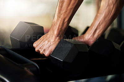 Buy stock photo Hands, training and man exercise with weights in a gym for strength, wellness and health for workout routine, Sport, muscle and closeup of person with dumbbell for power lifting of strong bodybuilder