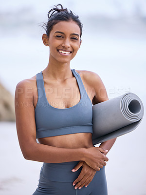 Buy stock photo Woman, confident and yoga at beach with smile for wellness, exercise in summer for mindset. Indian female or instructor or mental health by ocean for zen, relax in nature for health or happiness