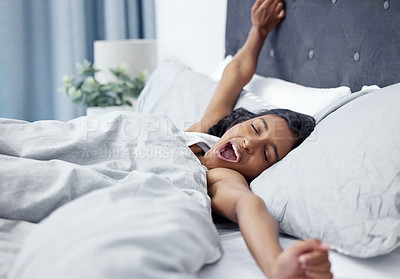 Buy stock photo Woman, stretching and yawning in bed at house with pillow for sleeping, comfort and vacation in the morning. Freelancer, break and tired with duvet in home for morning, relax and holiday on weekend