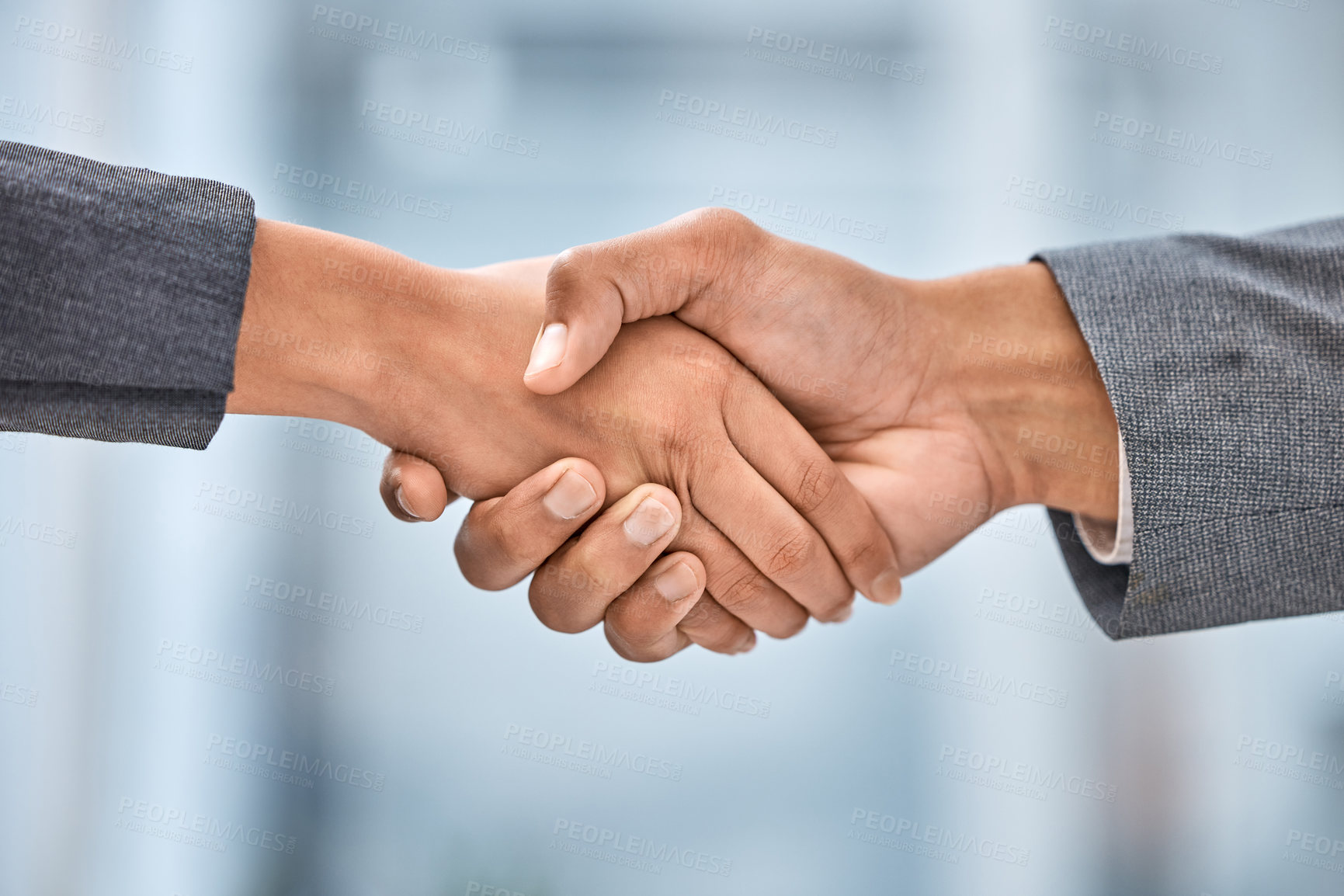 Buy stock photo Handshake, business and people in collaboration, unity and support for teamwork, corporate and office. Company, employees and holding hands, partnership and solidarity of staff for deal in job