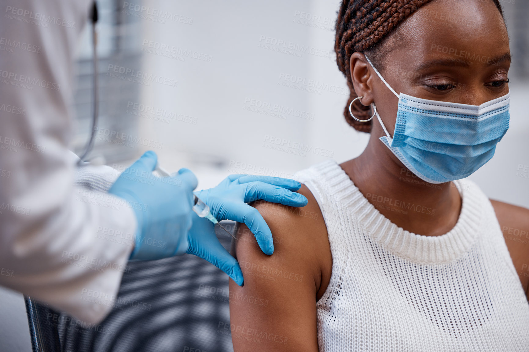 Buy stock photo African patient, doctor or nurse and vaccine in syringe for medical healthcare and covid safety. Young woman, mask and hospital for injection or sick for wellness or virus with health expert    