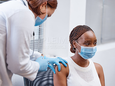 Buy stock photo African patient, nurse and vaccine in syringe for medical healthcare or covid safety. Woman, mask and hospital for injection, sick or wellness for flu or corona virus with health expert in pandemic