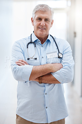 Buy stock photo Doctor, man and portrait in hospital for consulting, healthcare and cardiology in clinic with pride. Stethoscope, mature male surgeon and happiness in medical centre for surgery or consultation