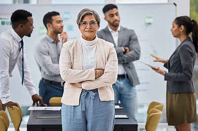 Buy stock photo Mature woman, confidence and portrait in presentation with team, colleagues or brainstorming in boardroom. Female editor, support or workshop in firm for training, business and diversity together