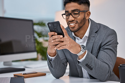 Buy stock photo Man, phone and networking in office, employee and email app for business contact or typing. Male person, glasses and online for research in workplace, lawyer planning and internet for legal website