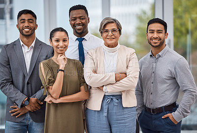 Buy stock photo Collaboration, smile and portrait of business people in the office with confidence and diversity. Happy, success and group of multiracial professional employees or team standing in workplace together