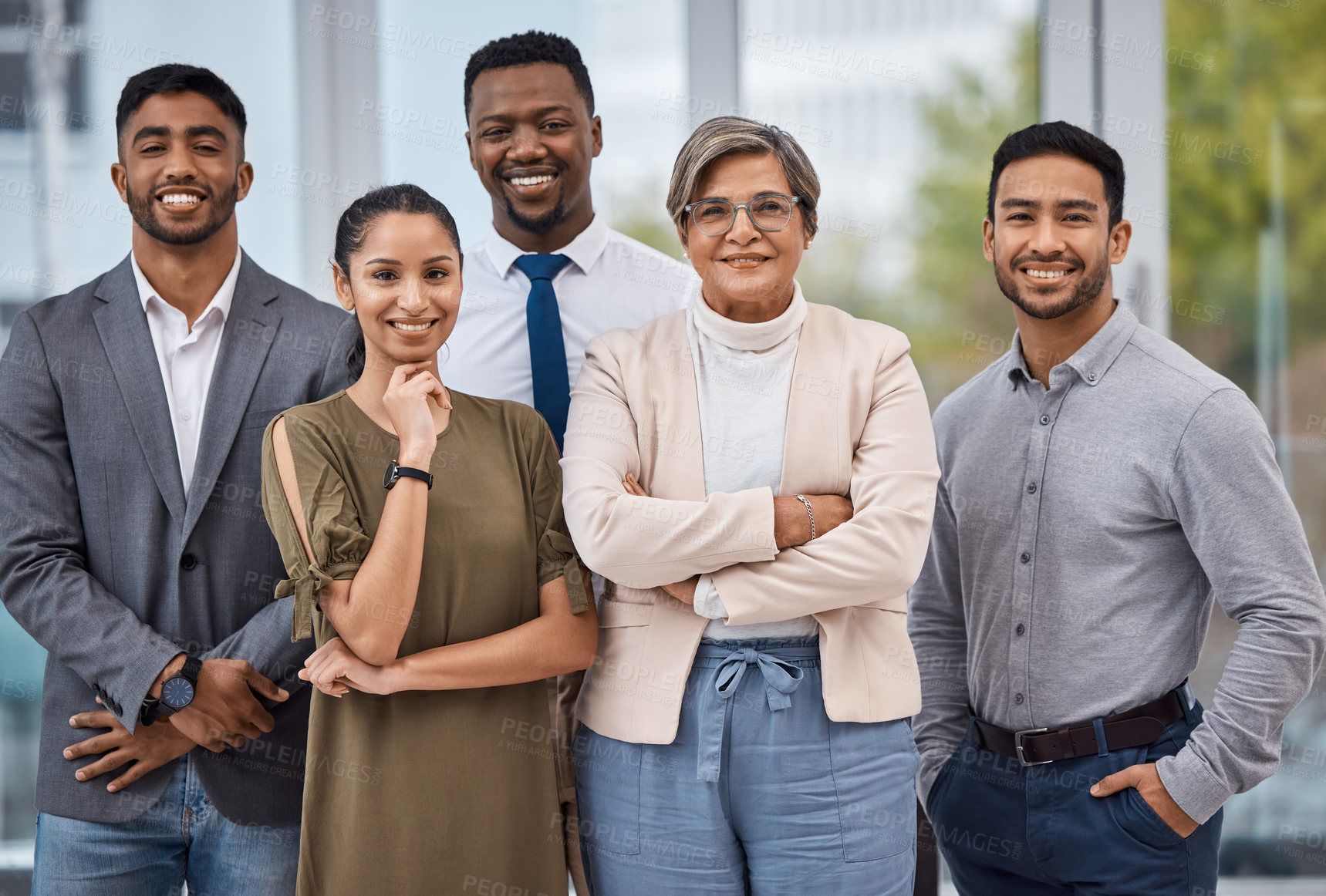 Buy stock photo Collaboration, smile and portrait of business people in the office with confidence and diversity. Happy, success and group of multiracial professional employees or team standing in workplace together