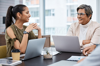 Buy stock photo Laptop, business and meeting with mentor coaching happy employee in an office planning a teamwork strategy. CEO, staff and professional woman talking with corporate manager for learning discussion
