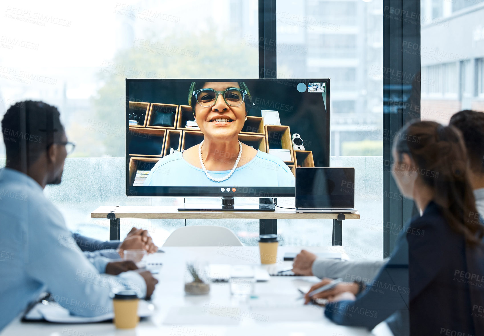 Buy stock photo Video call, online meeting and computer screen with business people in office for virtual conference, connection and networking. Digital, planning and technology with employees for webinar and chat