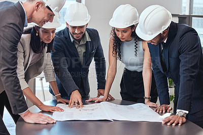 Buy stock photo Collaboration, architecture and blueprint with people in meeting for graphic, engineering and planning. Project, brainstorming and construction with team of designers for illustration and development