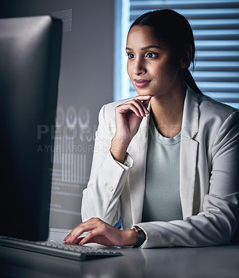 Buy stock photo Data, overlay and computer with business woman in office for research, software and programmer. Digital, analytics and future with hologram and employee for network, coding and information technology
