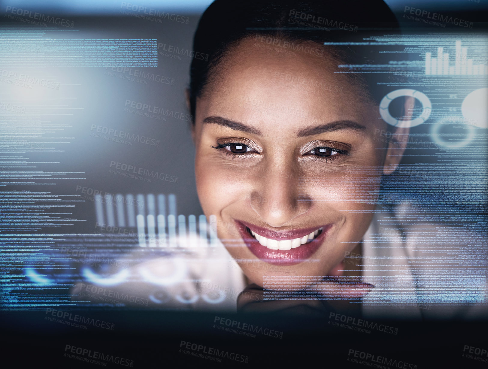 Buy stock photo Night, code and hologram with woman and computer for research, software and programmer. Digital, analytics and future with cyber security and employee for network, coding and information technology
