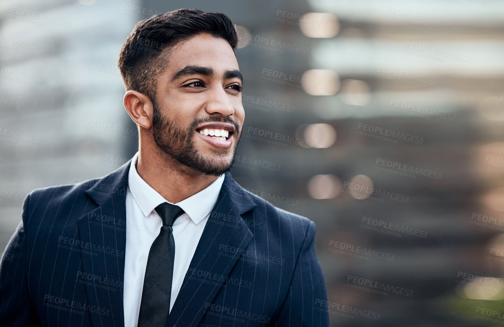 Buy stock photo Businessman, smile and thinking with suit on in the city for future, vision and ideas or plan. Happy, male person or corporate employee outdoor in town for job interview, career opportunity or work