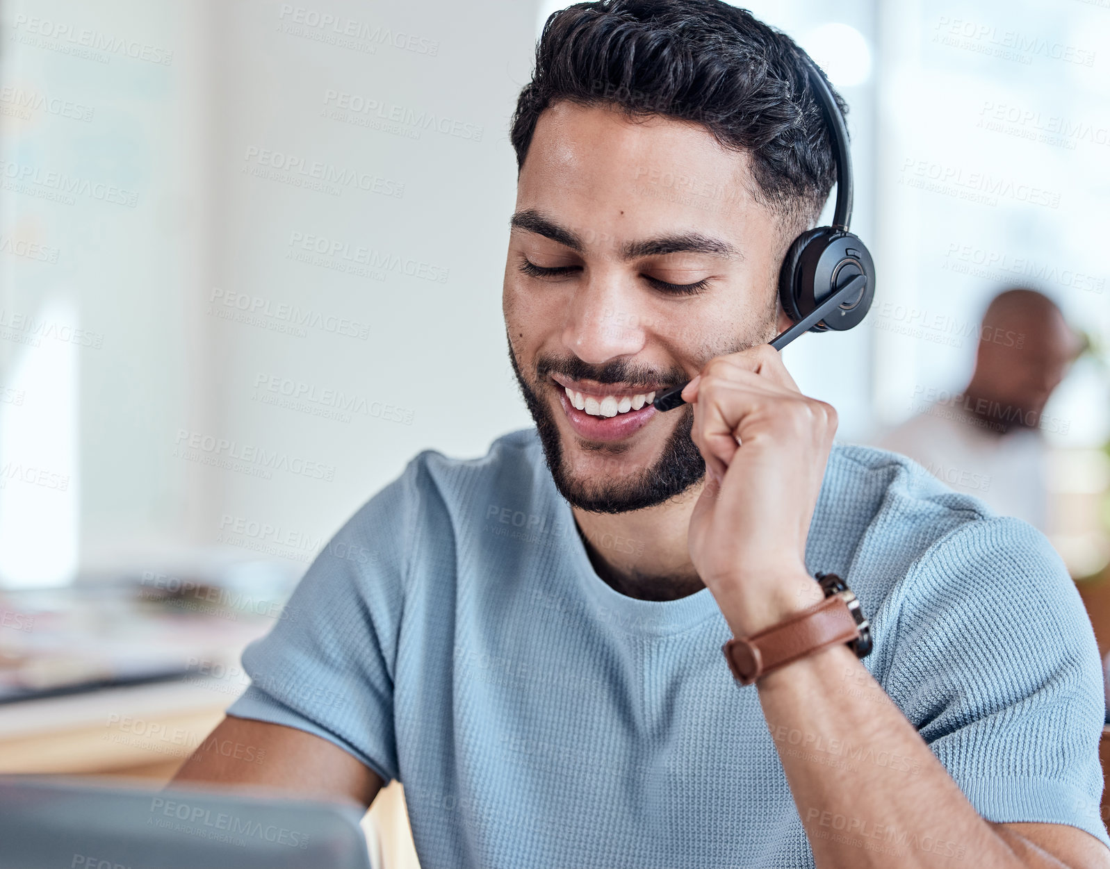 Buy stock photo Happy, headset and man in call center for consulting, networking and communication in office. Male telemarketer, smile and customer support in workplace with pride, service and job in online agency