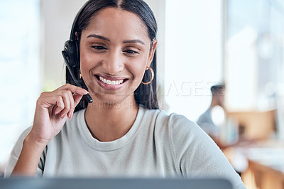Buy stock photo Shot of a beautiful young woman working in a call center