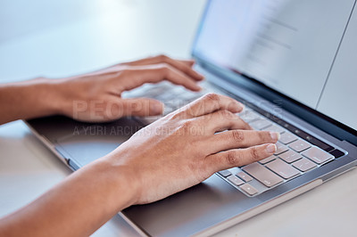 Buy stock photo Hands, laptop and person typing at desk for remote work, internet connection or business communication. Technology, secretary or receptionist writing on keyboard for online contact and research