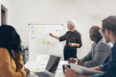 Buy stock photo Shot of a mature businesswoman discussing ideas on a whiteboard with her colleagues at work