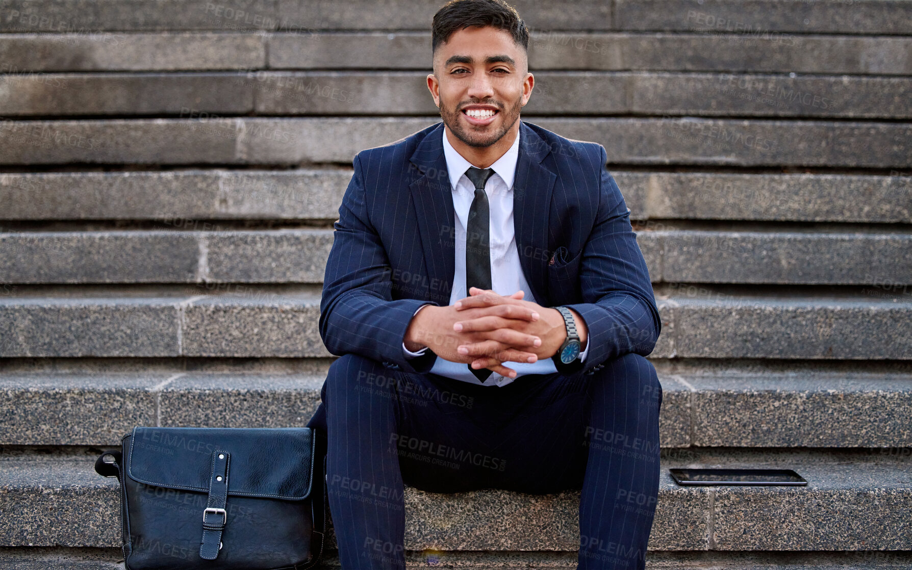 Buy stock photo Happy, businessman and portrait on steps in city for travel, commute and bag for work with pride. Male Criminal lawyer, law firm and opportunity for immigration or company trip on stairs in New York
