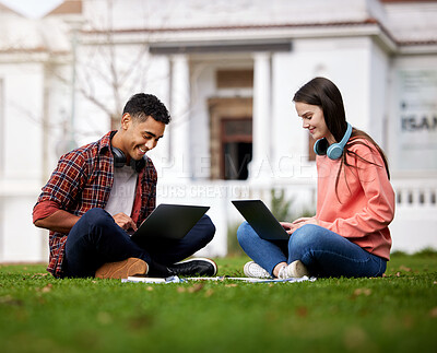 Buy stock photo Study, students and outdoor on grass with laptop for online assessment, virtual education and courses for learning. Man, girl and together on field, technology and digital literacy for scholarship.